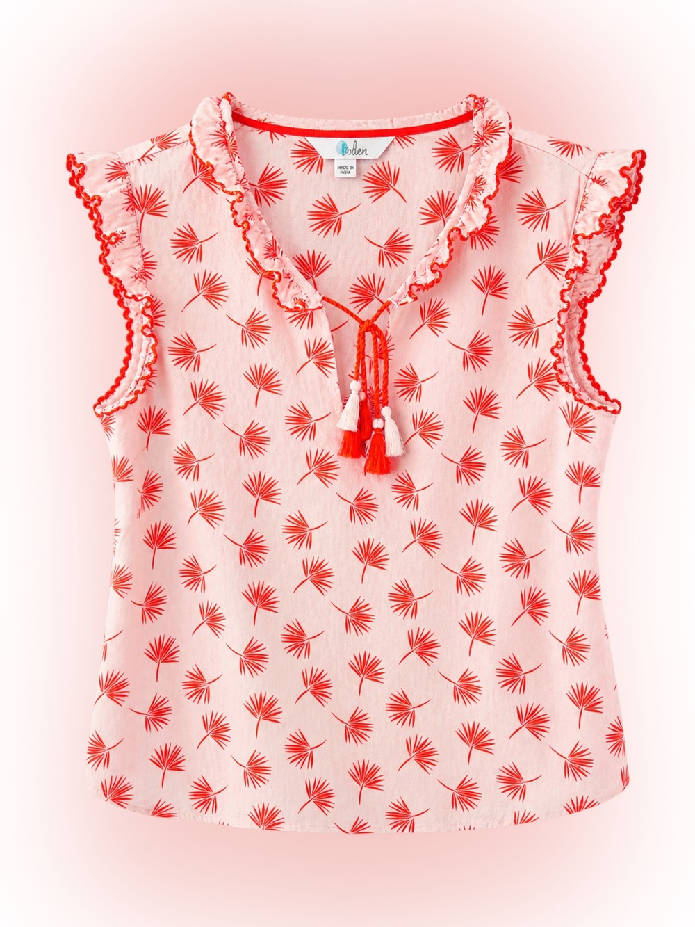 Boden Sleeveless Tassel Ruffle Palm Blouse